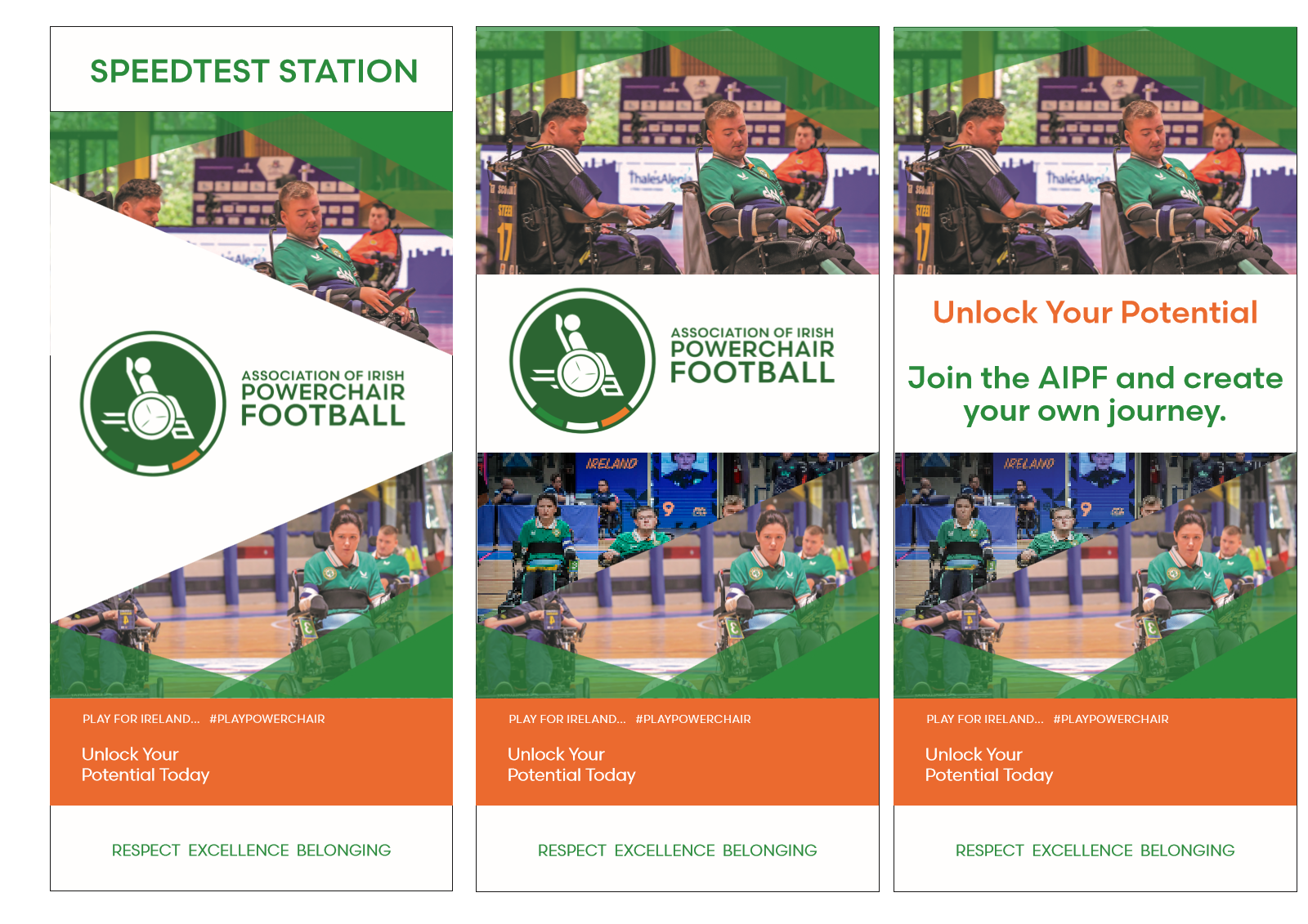 Three AIPF display boards: photography of players, the association's logo, and the line Unlock Your Potential