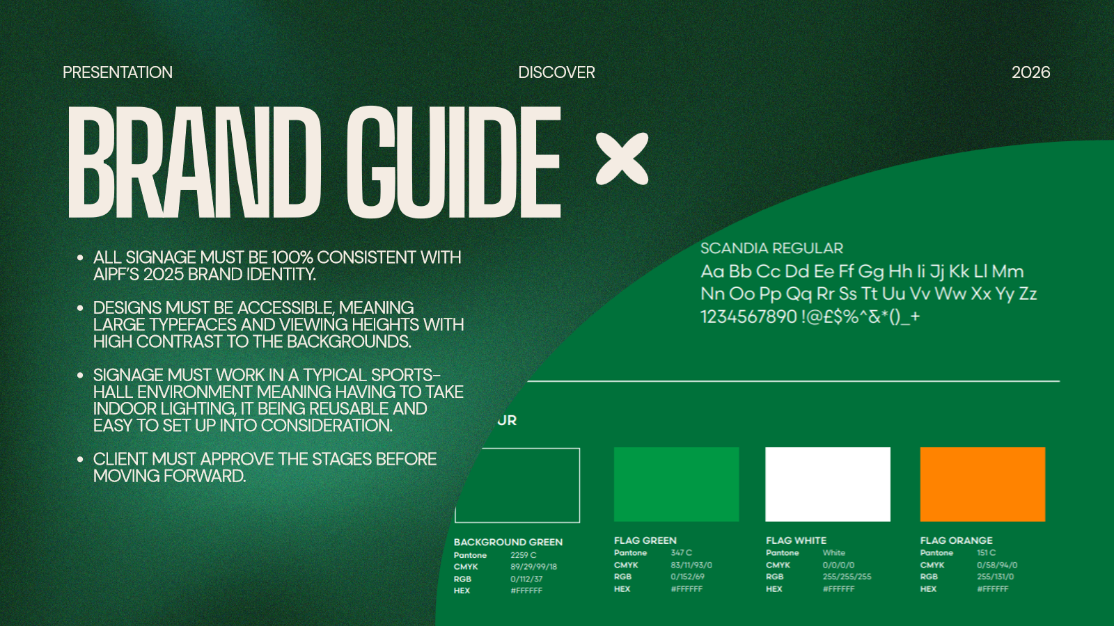 The brand guide slide: four constraints beside the AIPF colour palette and the Scandia typeface
