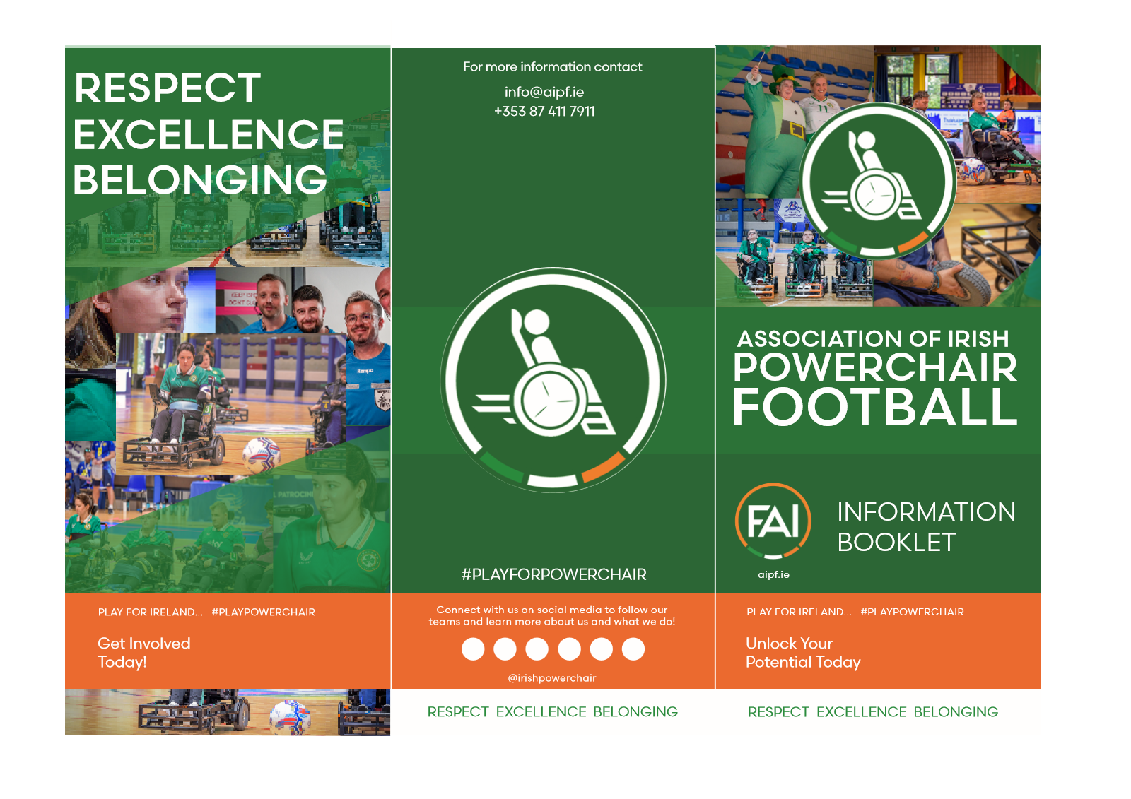 The outside of the AIPF information booklet: the Respect Excellence Belonging panel, the contact panel and the front cover