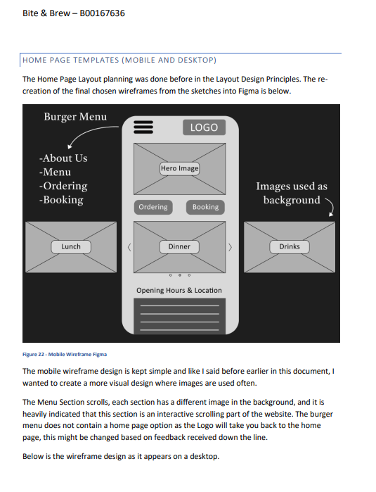 The annotated mobile wireframe: burger menu, hero image, ordering and booking buttons, and a scrolling menu section