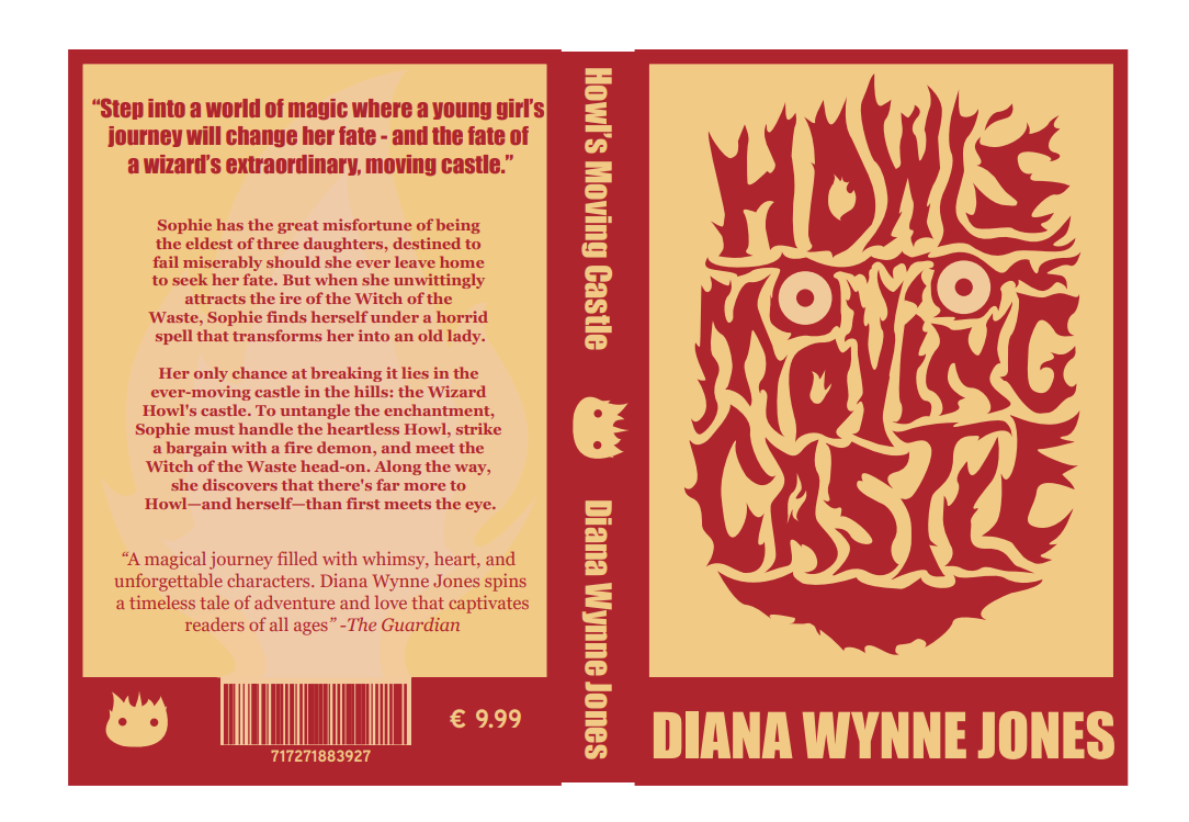 The finished dust jacket laid flat: back cover blurb, spine, and the front cover with the title lettered as flames