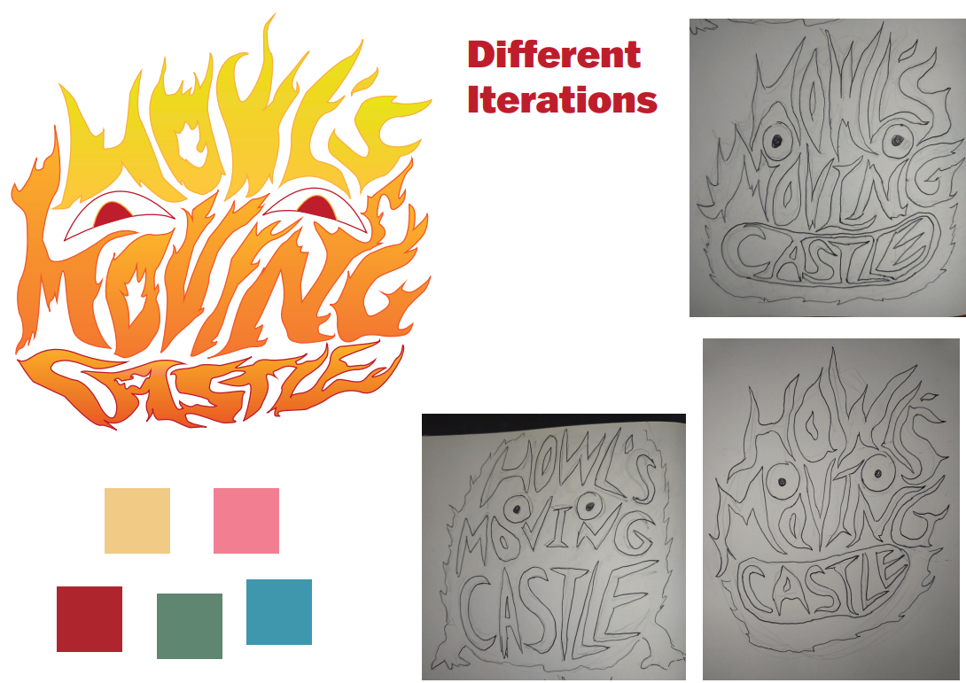 The vector flame lettering in yellow and orange beside three pencil iterations and the colour palette