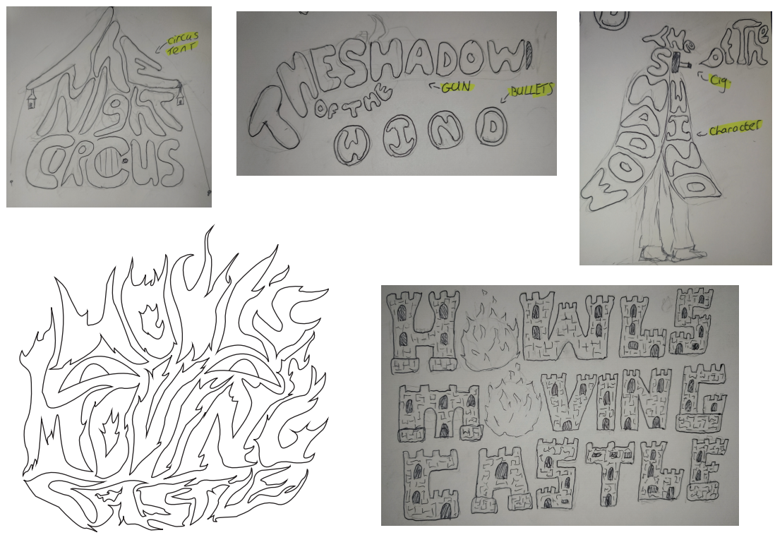 Pencil sketches of lettering concepts, including castle shaped letters and the title drawn as flames