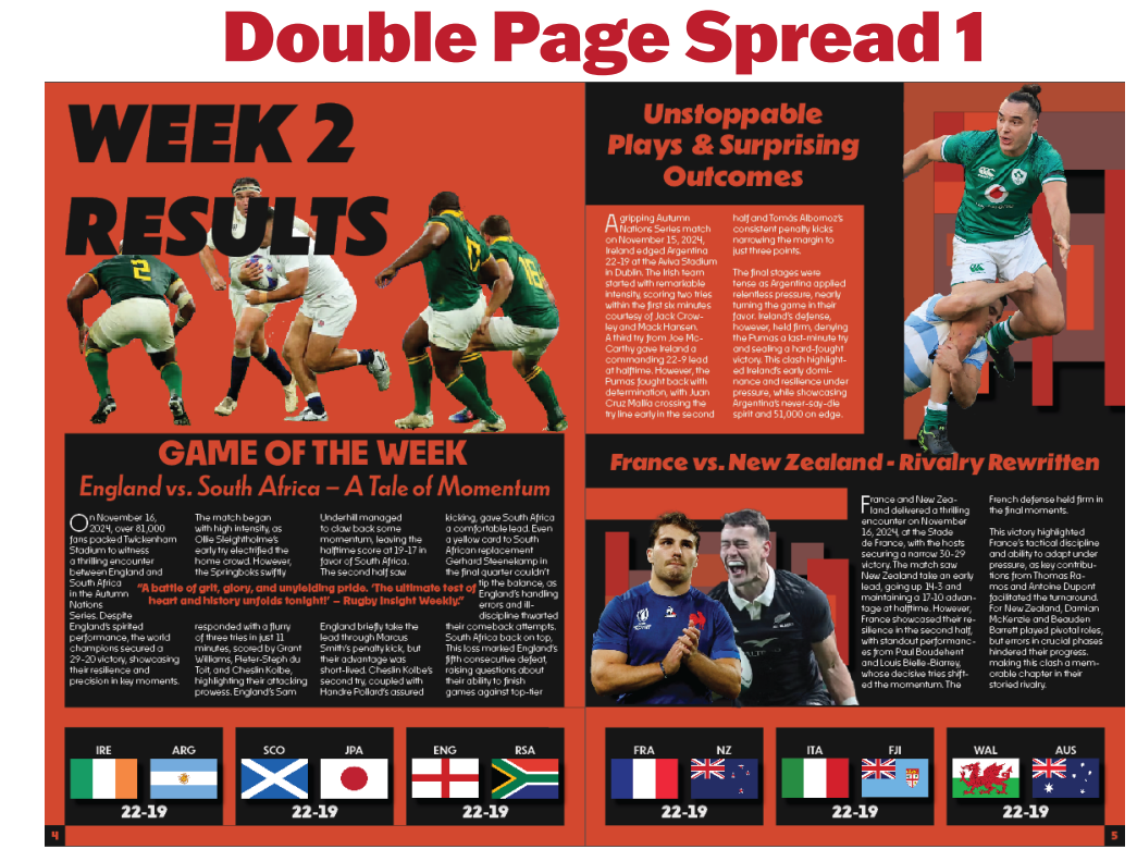 The finished Week 2 Results double page spread, in orange, red and black