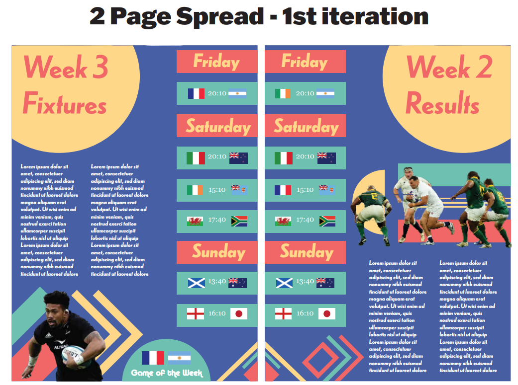 The first iteration of the two page spread, in blue, yellow and teal with placeholder text